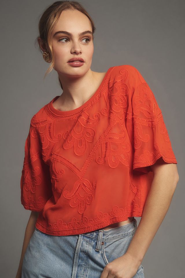 By Anthropologie Sheer Embroidered Boxy Top