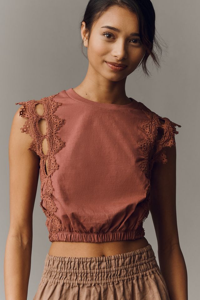 Ollari Lace Trim Cutout Bubble Top #1