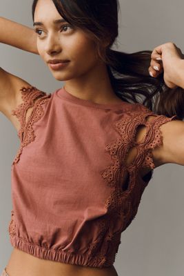 Ollari Lace Trim Cutout Bubble Top