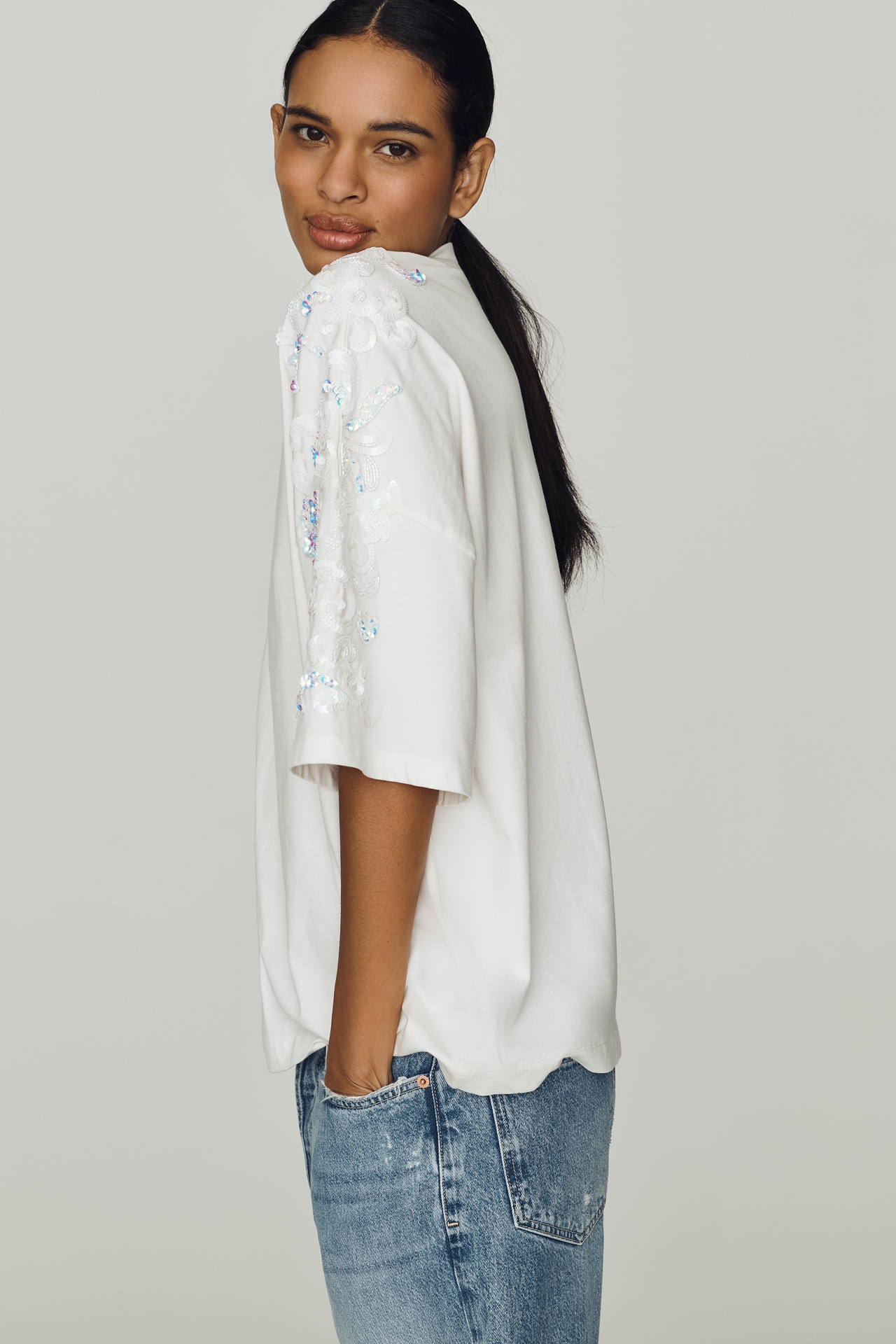 Essentiel Antwerp Jangoo Cotton Sequin-Sleeve Tee