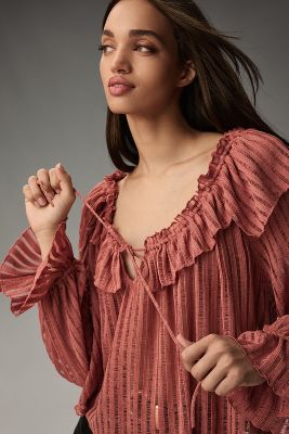 By Anthropologie Long-sleeve Sheer Striped Crop Blouse In Pink