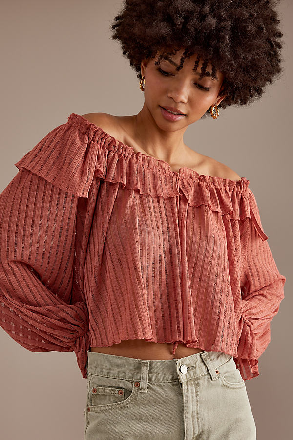 By Anthropologie Long-Sleeve Sheer Striped Crop Blouse
