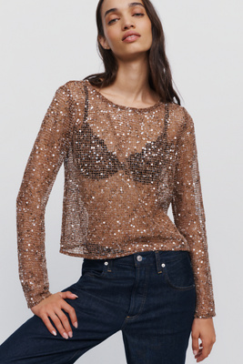 By Anthropologie Sheer Sequin Crewneck Top by Anthropologie