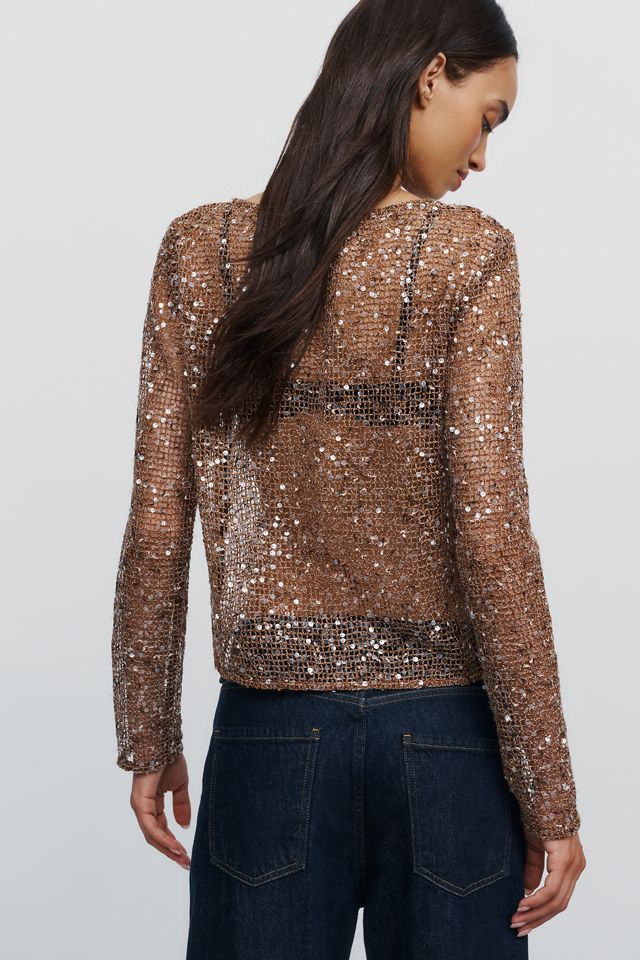 By Anthropologie Sheer Sequin Crewneck Top #1