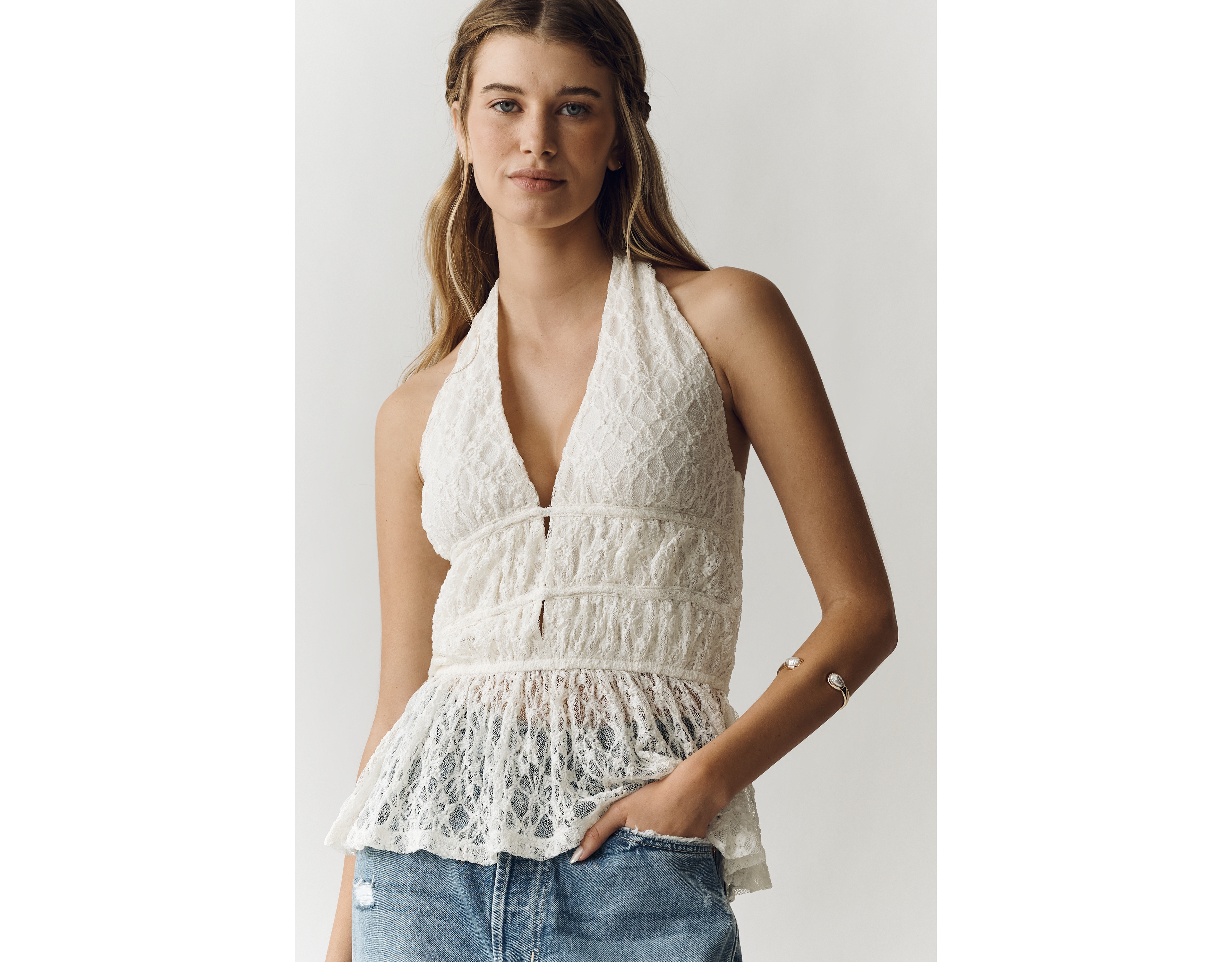 By Anthropologie Lace Plunge Halter Top