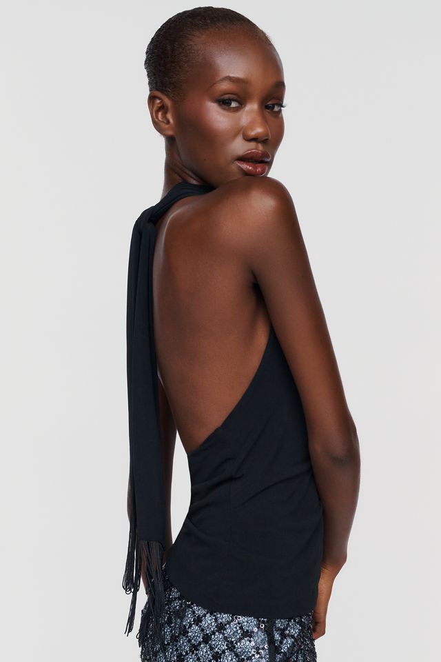 ESTHE Open-Back Fringed Halter Top #1