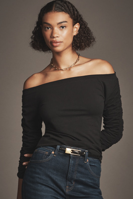 Pilcro Off-the-shoulder Ruched-sleeve Top In Black