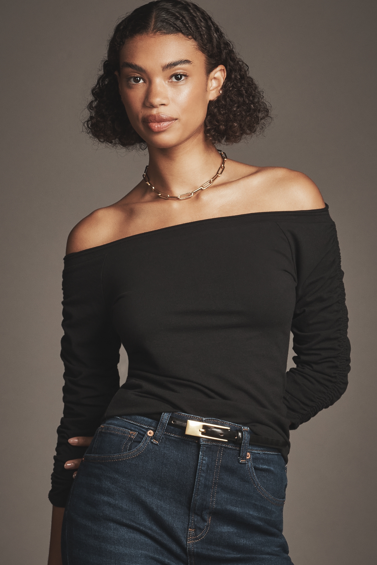 Pilcro Off-The-Shoulder Ruched-Sleeve Top