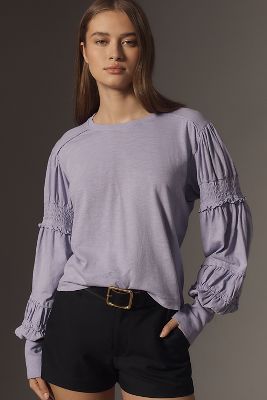 Pilcro Crew-neck Ruched & Smocked-sleeve Top In Purple