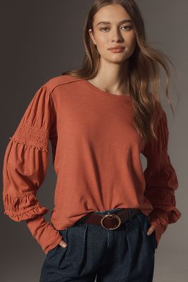 Pilcro Crew-neck Ruched & Smocked-sleeve Top In Pink