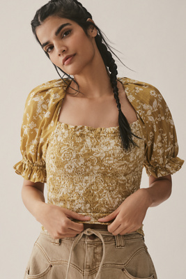 By Anthropologie Seersucker Smocked Puff-sleeve Crop Top In Green