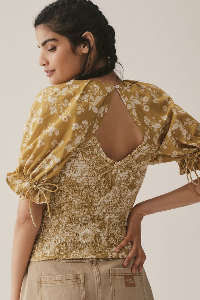 By Anthropologie Seersucker Smocked Puff-Sleeve Crop Top #1