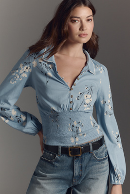 Shop Maeve Smocked Buttondown Top In Blue
