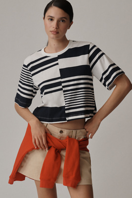 Maeve Striped Boxy Short Sleeve Knit Top In Blue