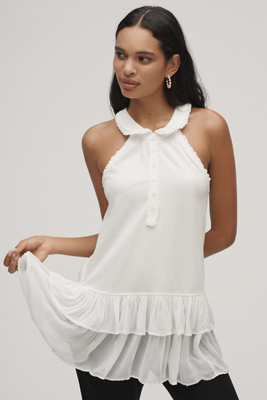 Maeve Collared Halter Ruffled Tunic Top In White