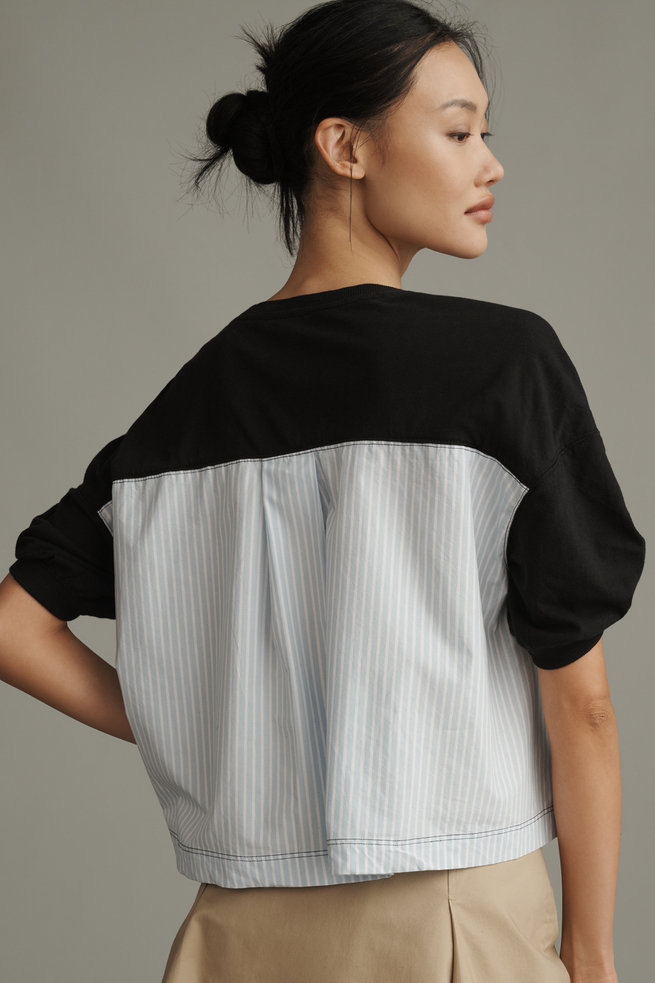 Maeve Woven & Knit Ruched-Sleeve Twofer Top