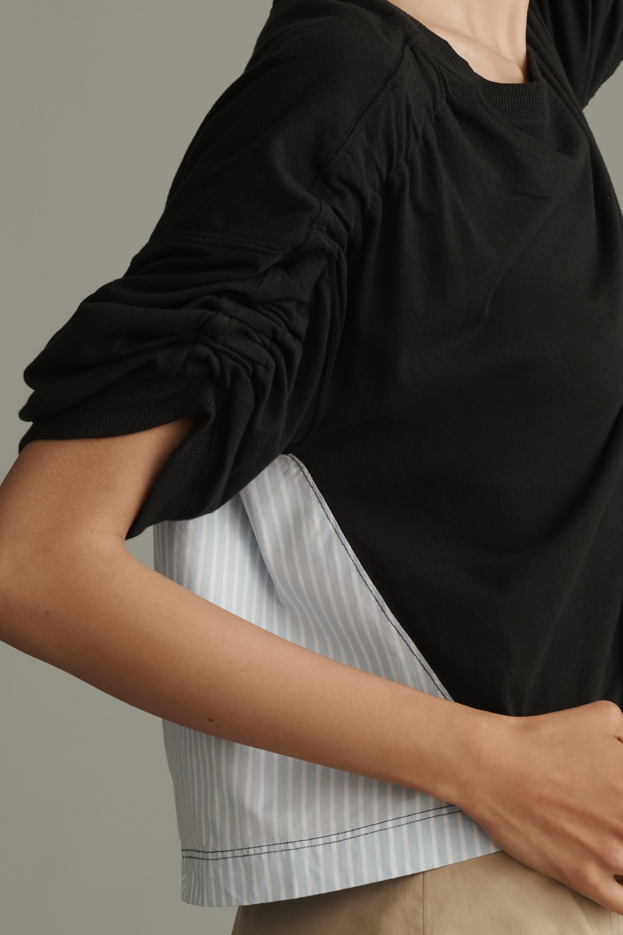 Maeve Woven & Knit Ruched-Sleeve Twofer Top