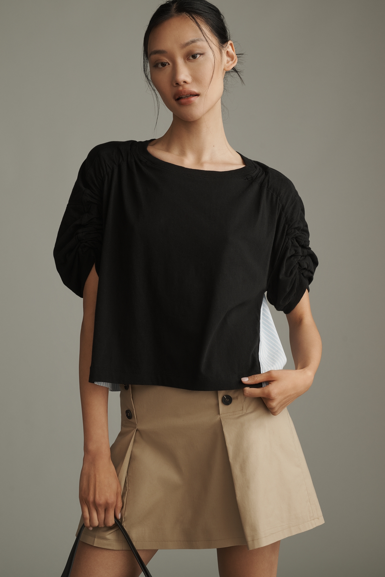 Maeve Woven & Knit Ruched-Sleeve Twofer Top