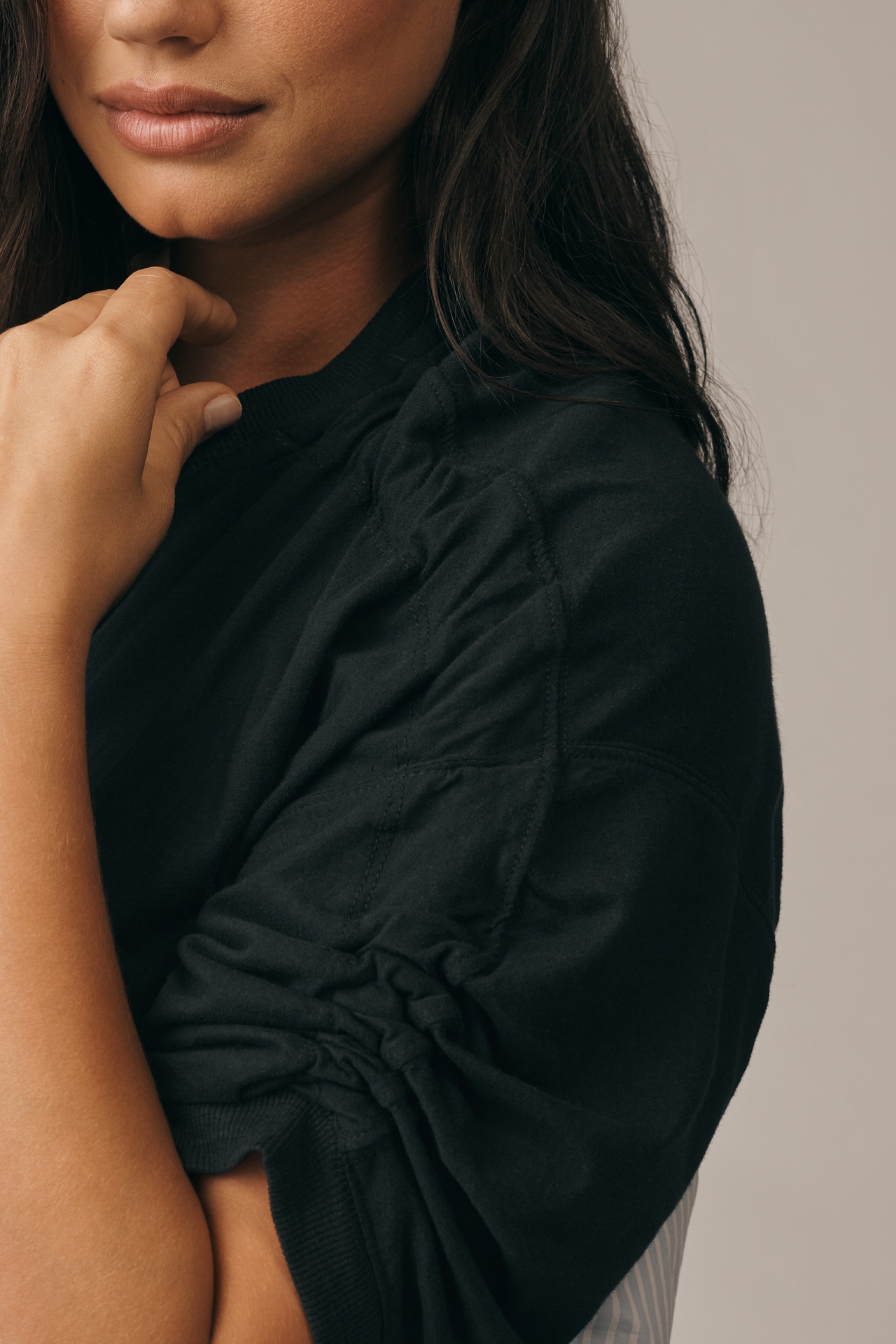 Maeve Woven & Knit Ruched-Sleeve Twofer Top