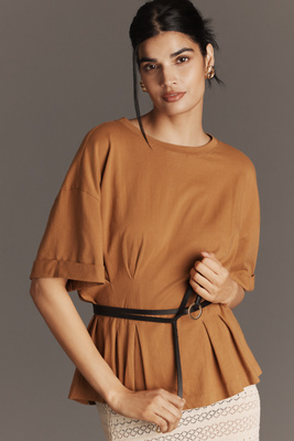 By Anthropologie Short-sleeve Pleated Peplum Tee In Brown