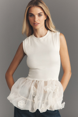 By Anthropologie 3d Floral Peplum Top In White