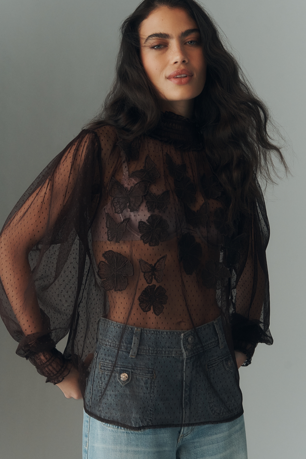 By Anthropologie 3D Butterfly Sheer Blouse