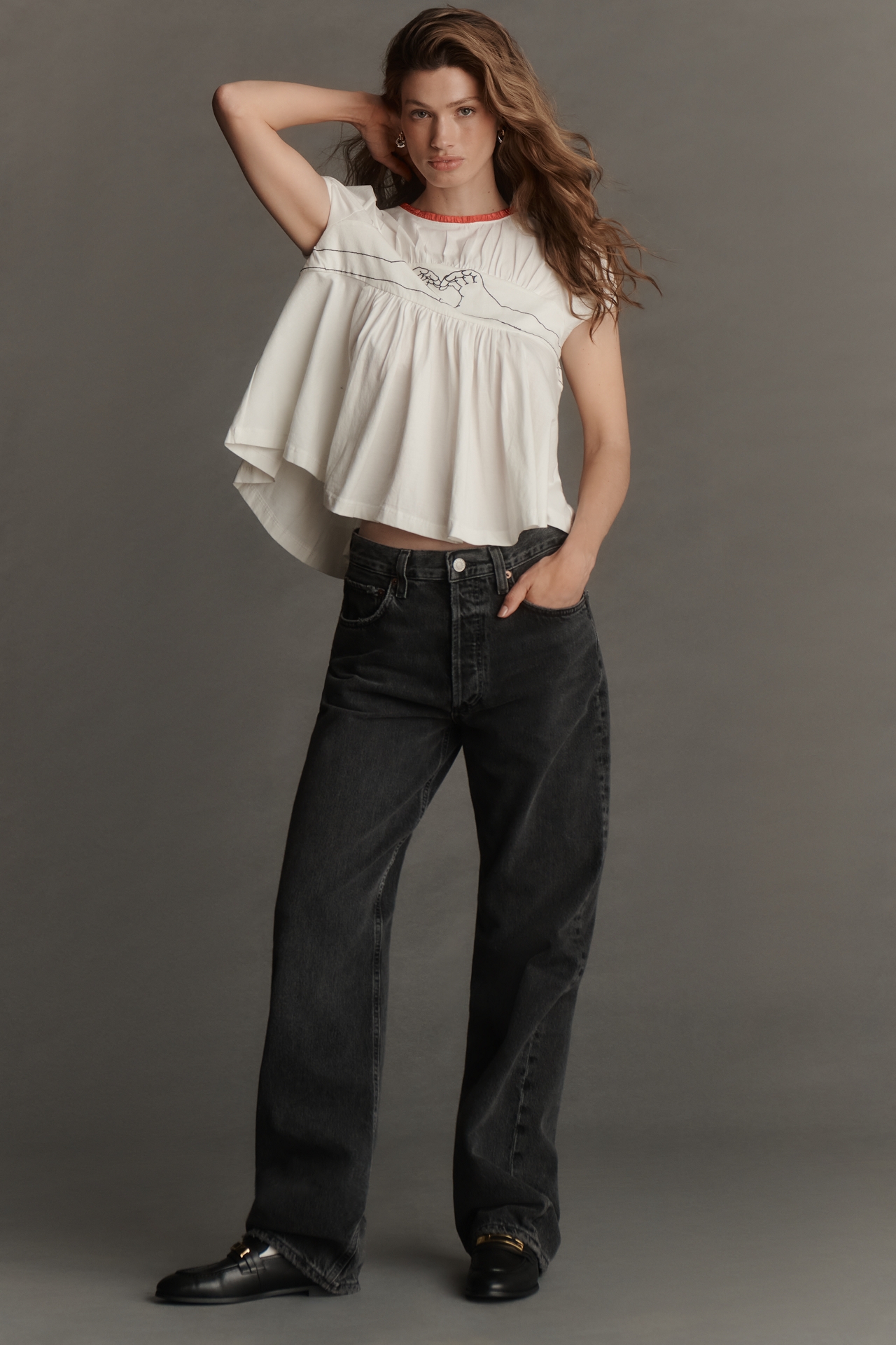 Maeve Embroidered Heart Short-Sleeve Swing Top