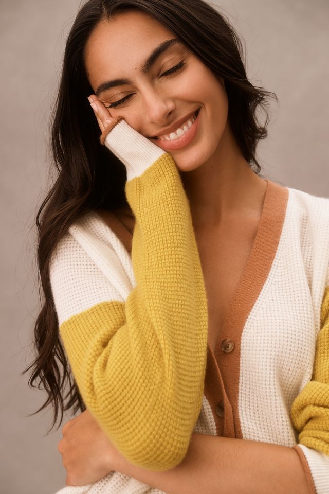 Maeve Colourblock V-Neck Waffle Cashmere Cardigan #3