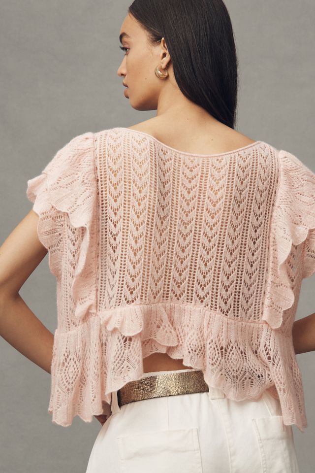 By Anthropologie Flutter-Sleeve Pointelle Cashmere Sweater Tee #1