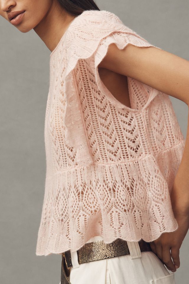 By Anthropologie Flutter-Sleeve Pointelle Cashmere Sweater Tee #3