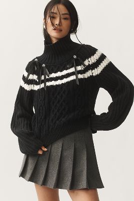 Shop Maeve Turtleneck Balloon-sleeve Bow Sweater In Black