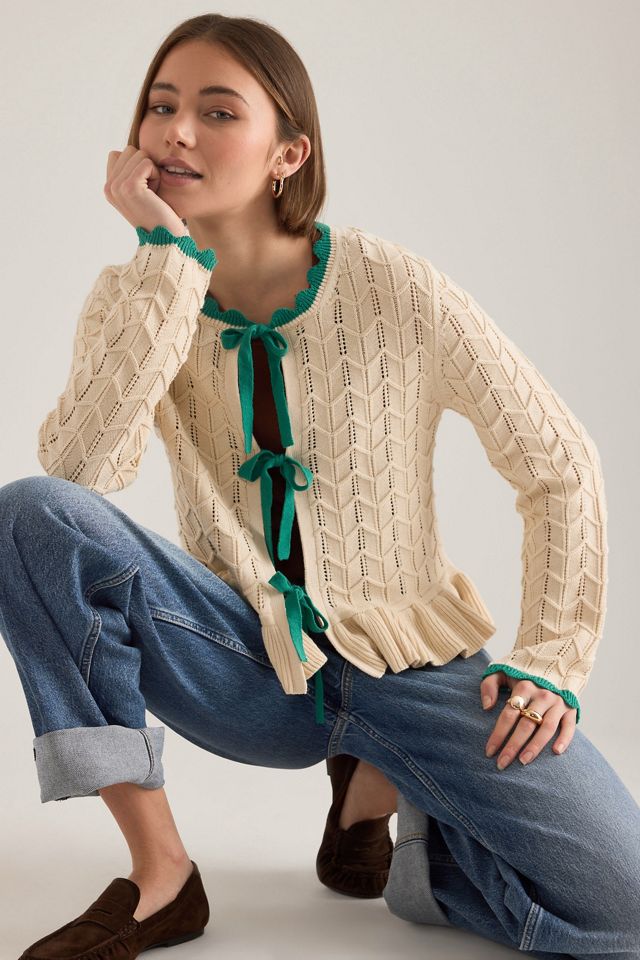 Cardigan en tricot pointelle à nouer sur le devant By Anthropologie #3
