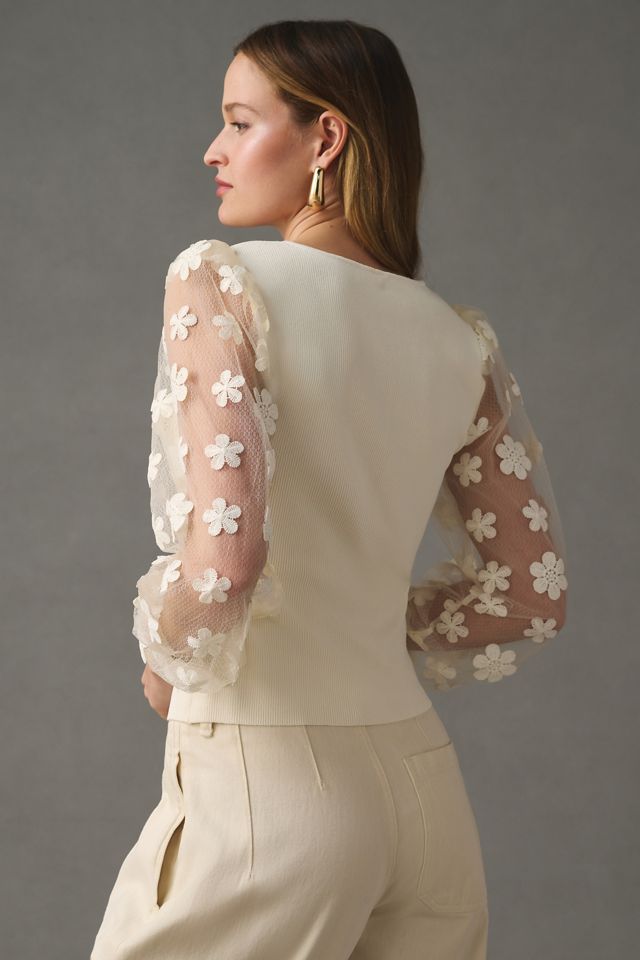 DOLAN Sheer-Sleeve Appliqué Sweater #1