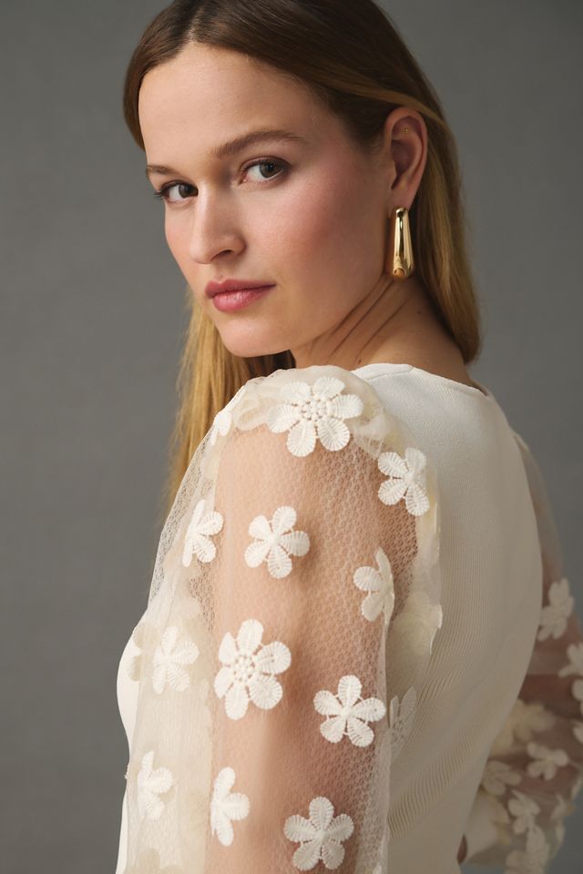 DOLAN Sheer-Sleeve Appliqué Sweater #3