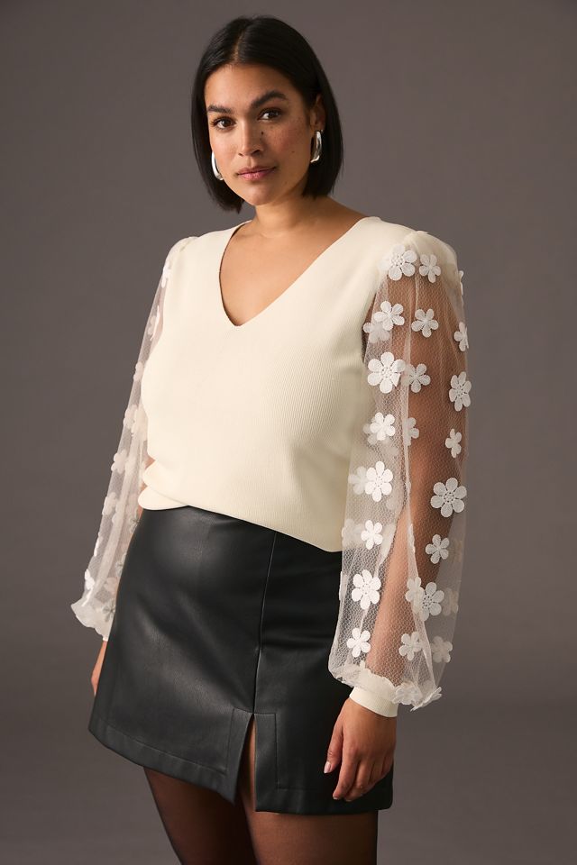 DOLAN Sheer-Sleeve Appliqué Sweater #5