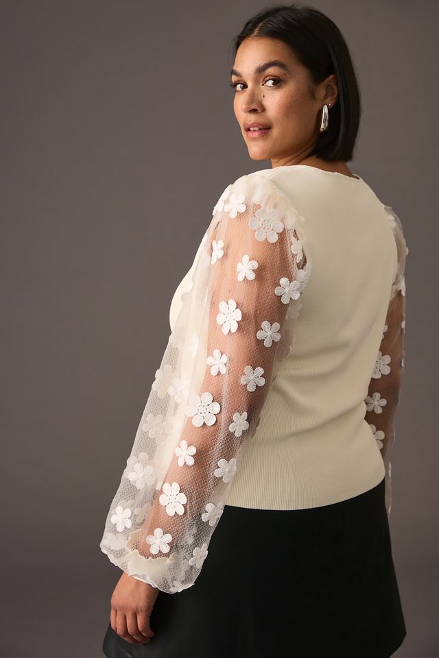 DOLAN Sheer-Sleeve Appliqué Sweater #6