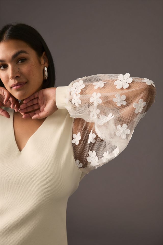 DOLAN Sheer-Sleeve Appliqué Sweater #4