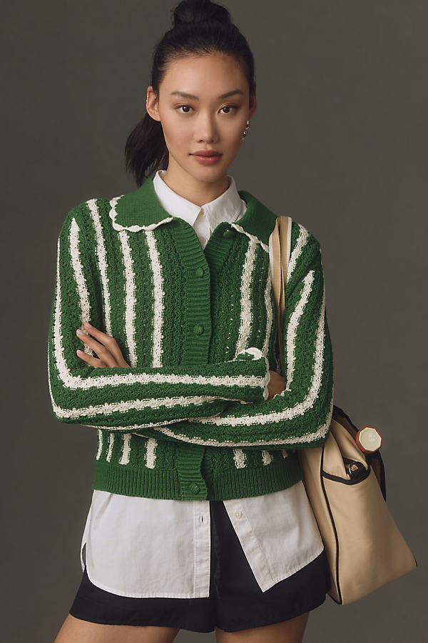 4si3nna Collared Crochet Open-stitch Cardigan Sweater In Green