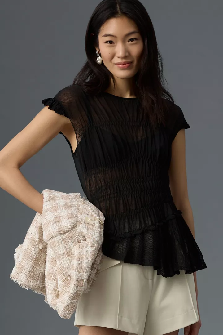 By Anthropologie Sheer Smocked Ruffled Asymmetrical Sweater Tank