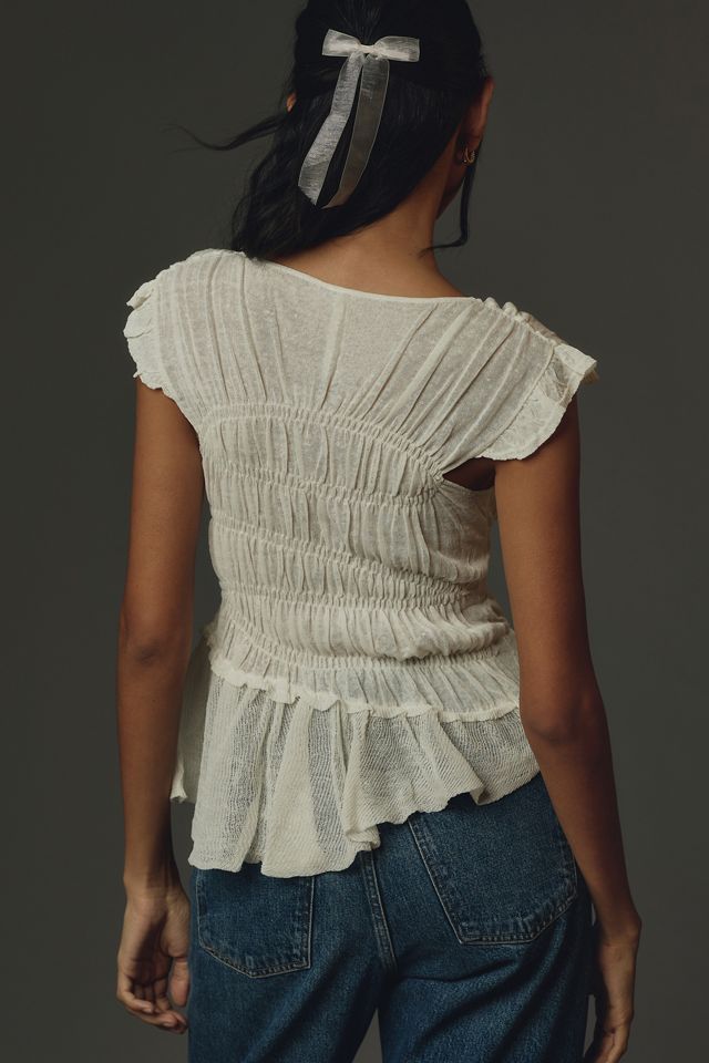 By Anthropologie Sheer Smocked Ruffled Asymmetrical Sweater Tank #2