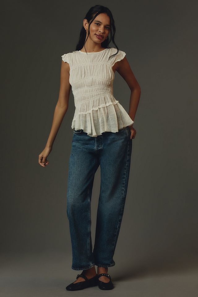 By Anthropologie Sheer Smocked Ruffled Asymmetrical Sweater Tank #3