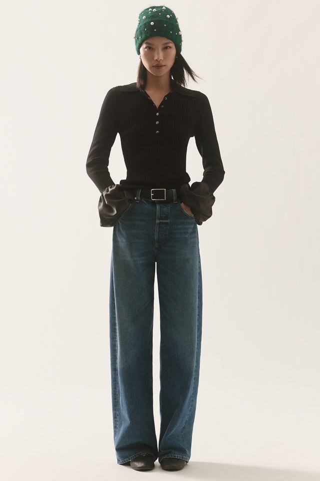 Maeve Satin-Cuff Polo Sweater #1