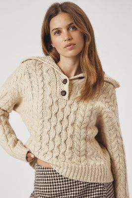 Shop Maeve Button Collared Sweater In Beige