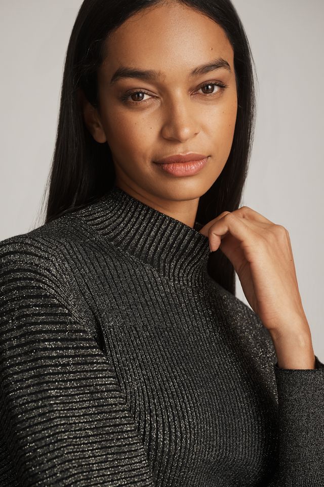 Kachel Balloon-Sleeve Mock-Neck Shine Sweater #3