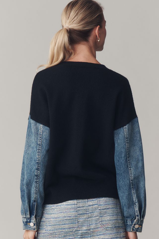 Grey Lab Crew-Neck Denim-Sleeve Mixed Media Sweater
