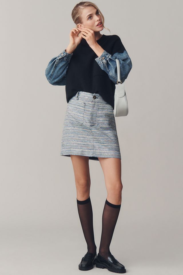 Grey Lab Crew-Neck Denim-Sleeve Mixed Media Sweater #2