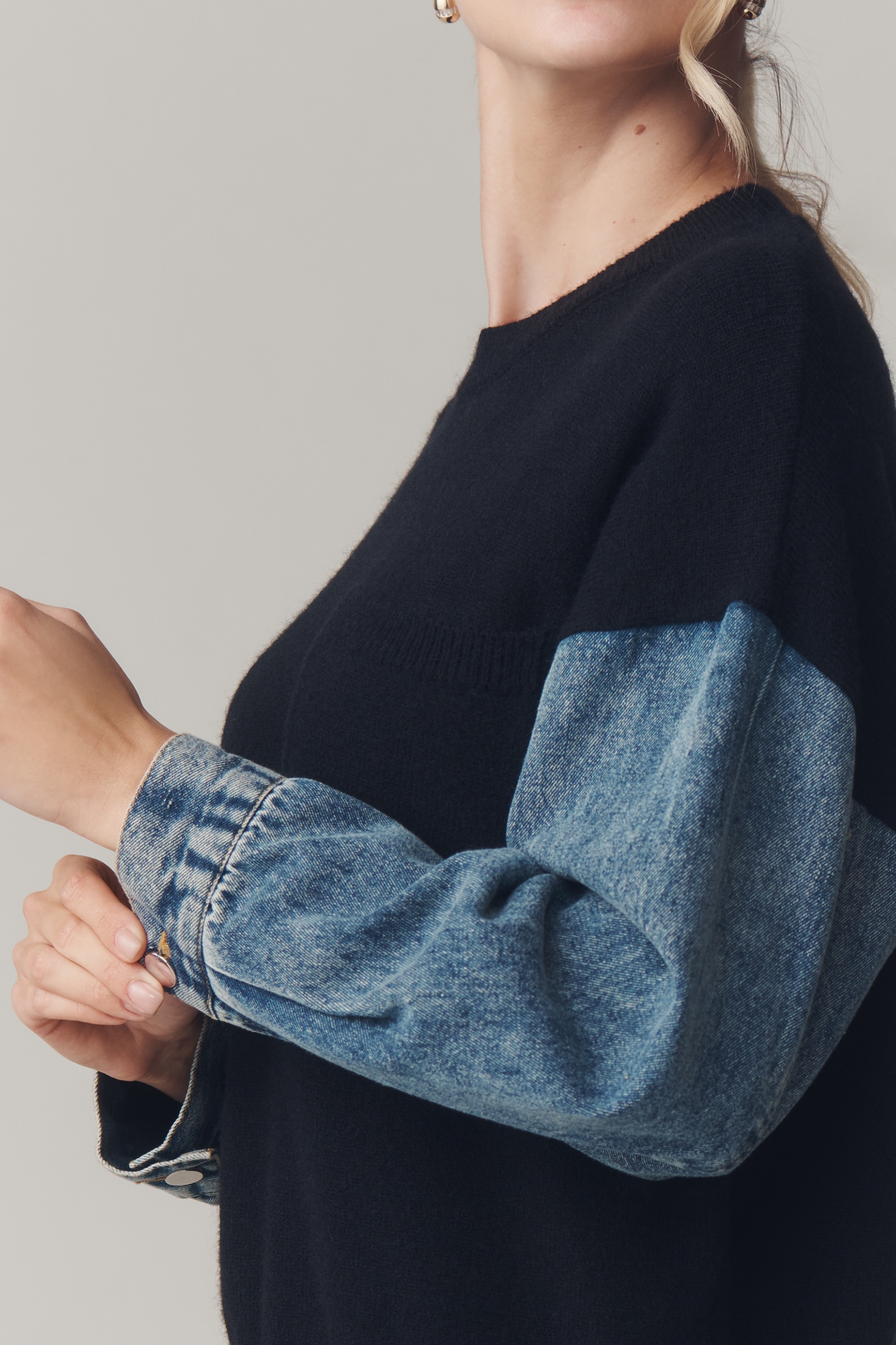 Grey Lab Crew-Neck Denim-Sleeve Mixed Media Sweater