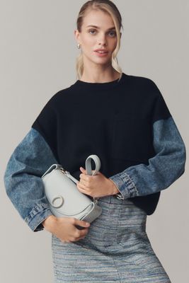 Grey Lab Crew-Neck Denim-Sleeve Mixed Media Sweater
