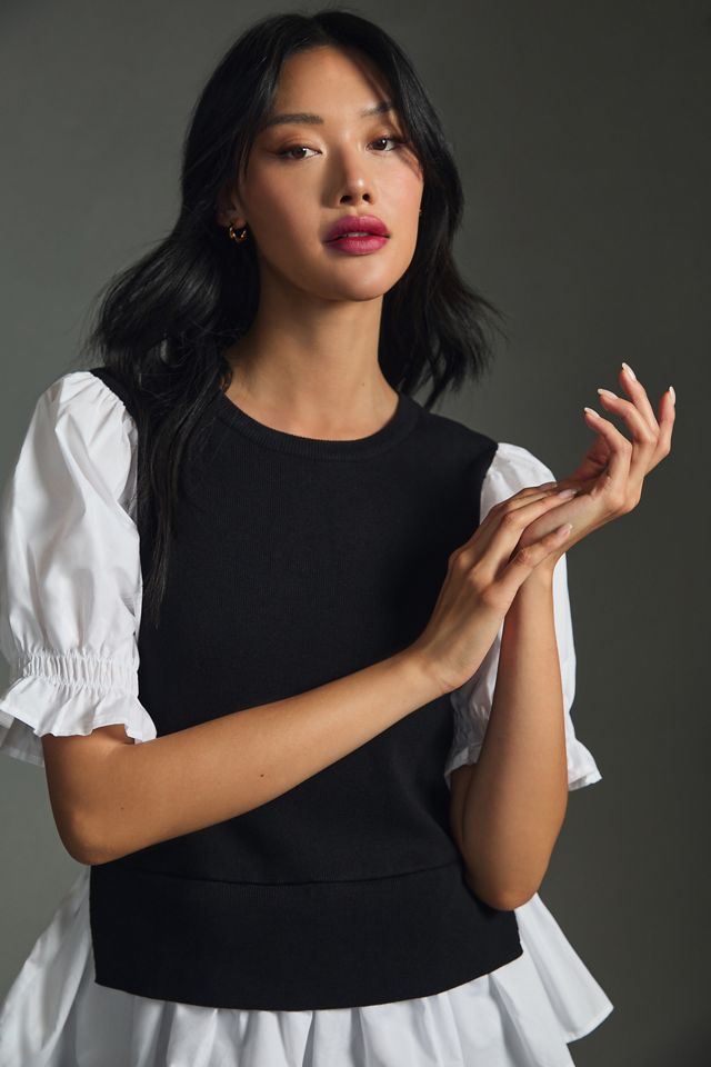 By Anthropologie Layered Poplin-Sleeve Sweater #7