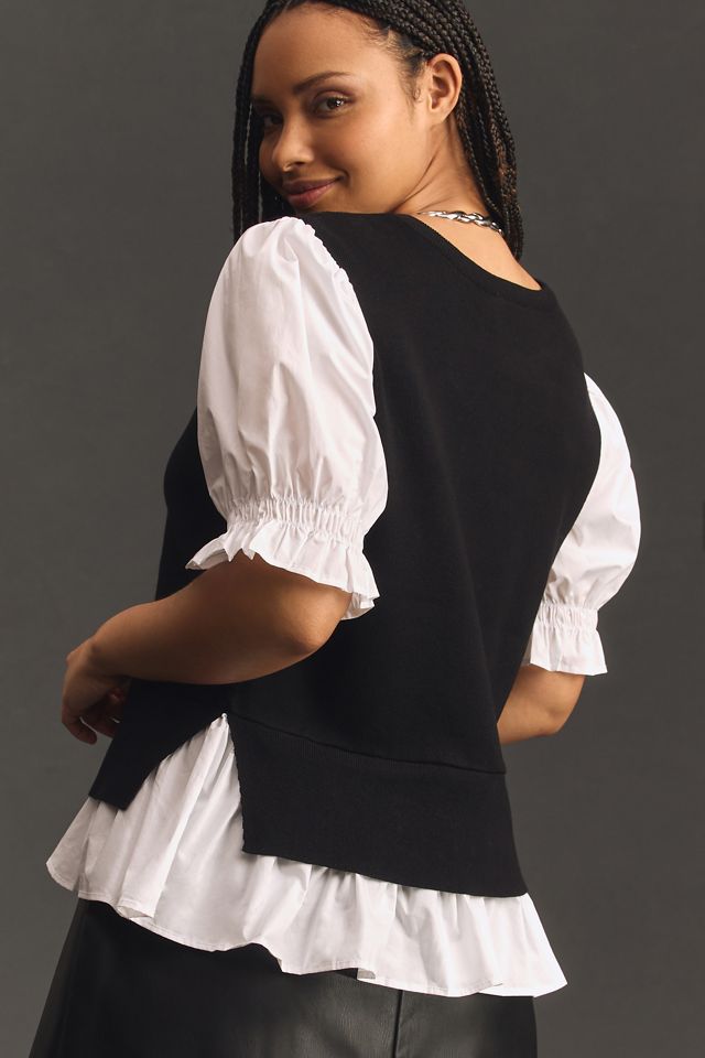 By Anthropologie Layered Poplin-Sleeve Sweater #6